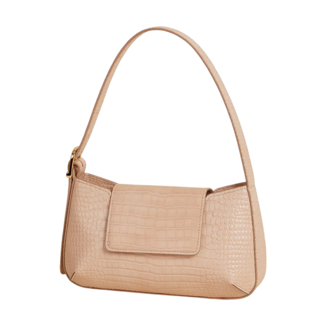 Purely Prime Elegant Beige Croc-Embossed Baguette Bag